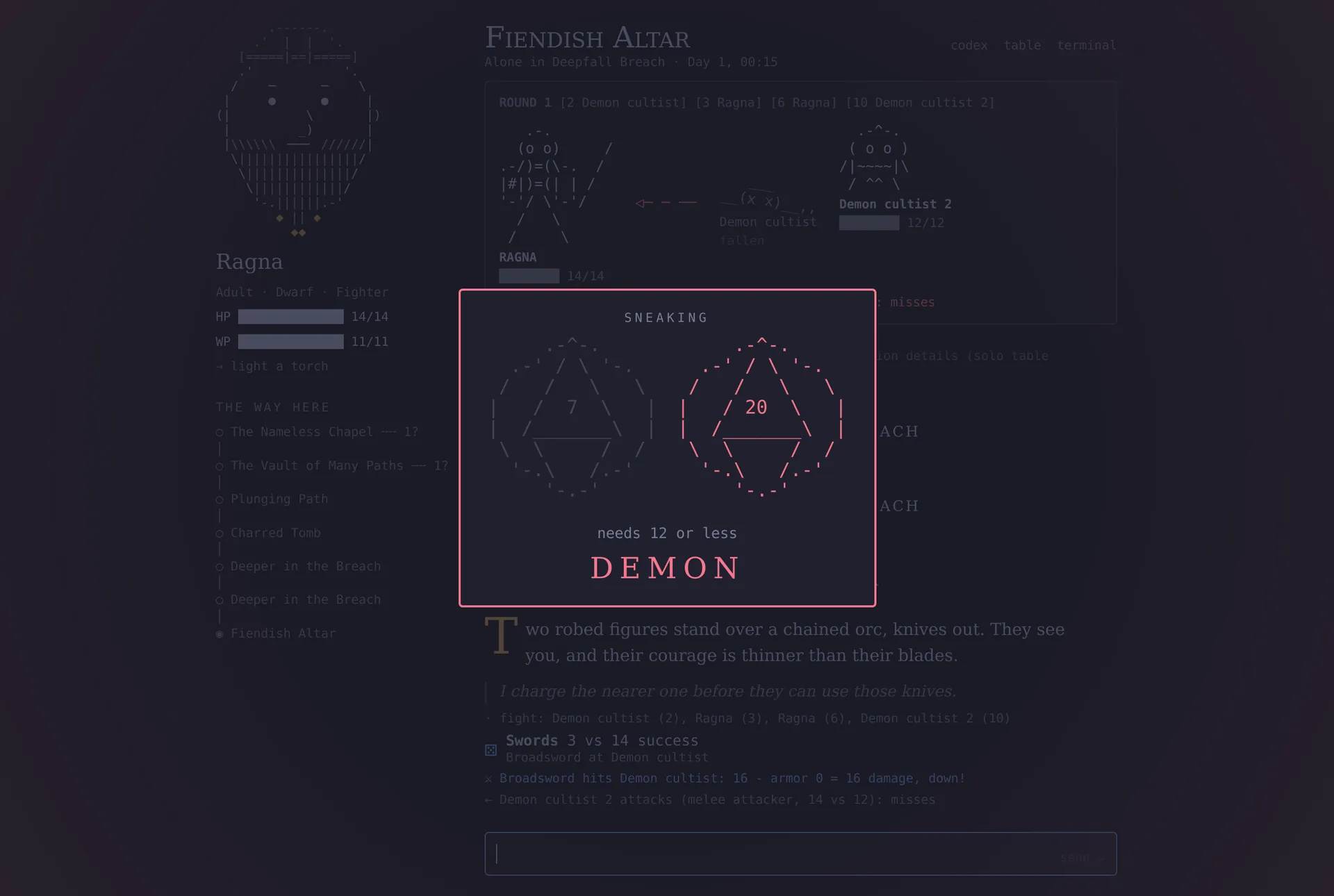 Two d20s showing 7 and 20, the 20 lit red: DEMON.