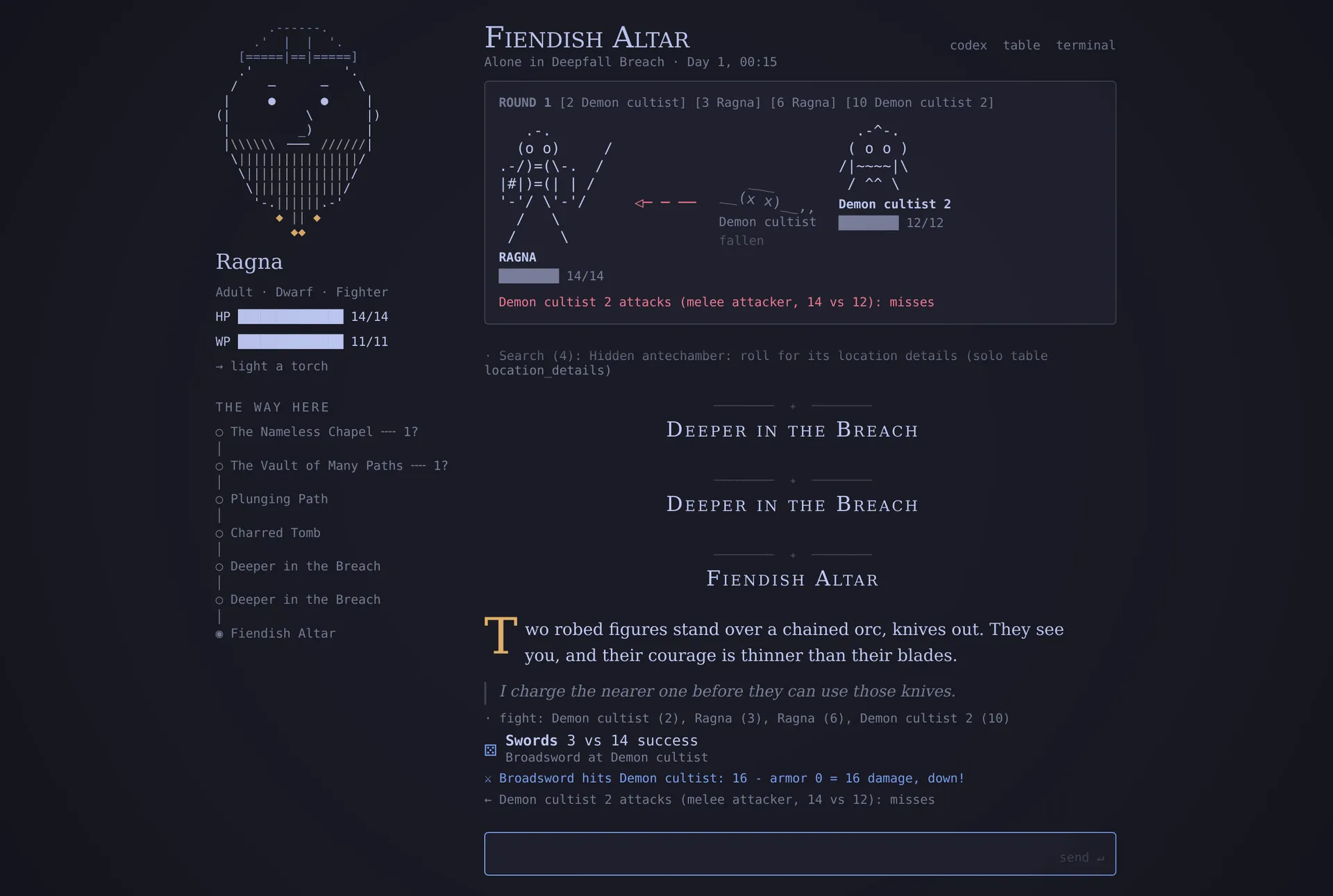 The Book in a fight at the Fiendish Altar.