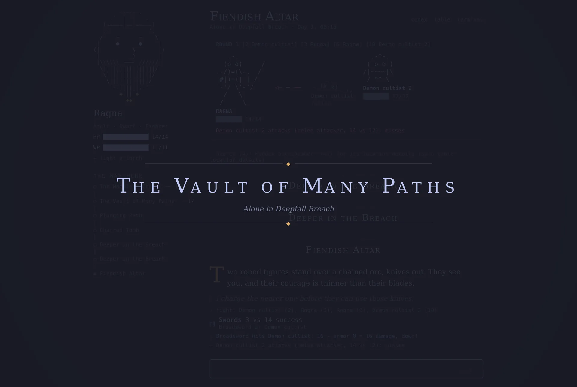 The title card: The Vault of Many Paths, Alone in Deepfall Breach.