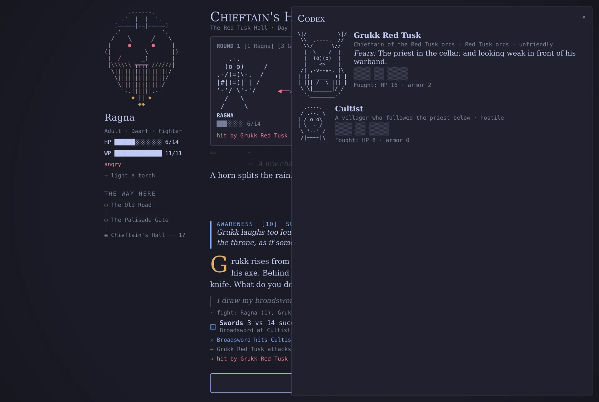 The codex listing Grukk Red Tusk and a cultist with text portraits and blanked secrets.