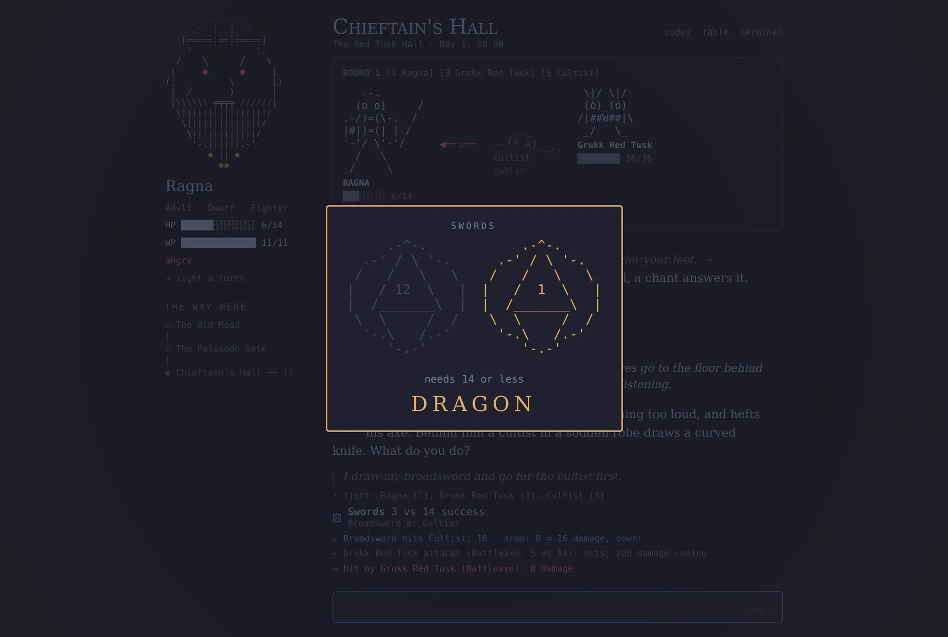 The dice moment: two ASCII d20s showing 12 and 1, the 1 lit gold, and the word DRAGON.