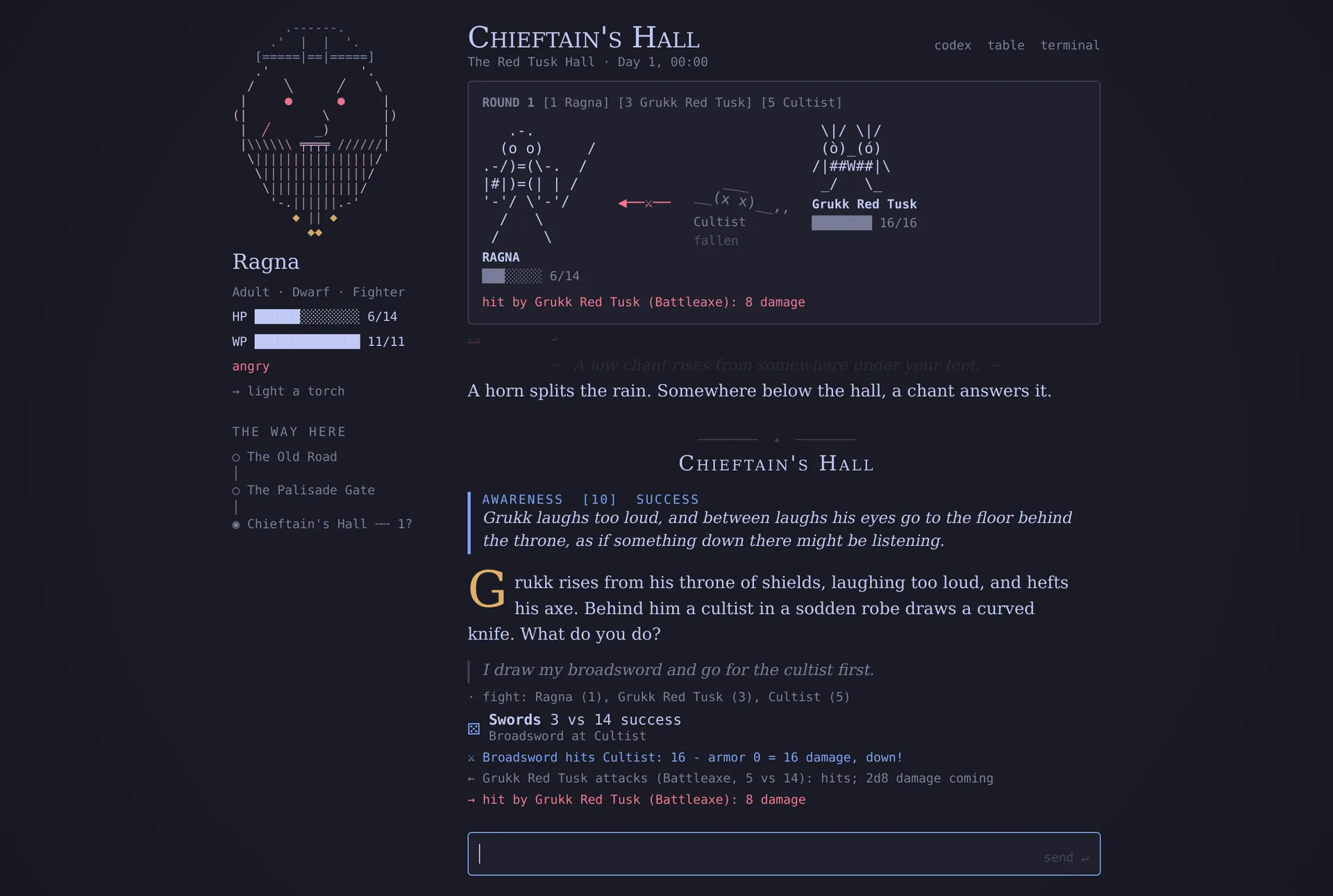 The Book during a fight in Chieftain's Hall: Ragna's text portrait, a fight tableau with Grukk Red Tusk, and the story log.
