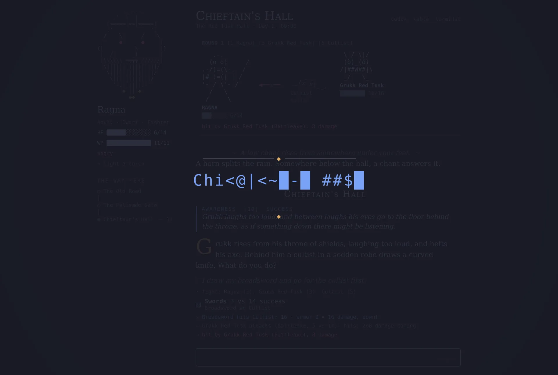 A scene title decrypting out of block characters.