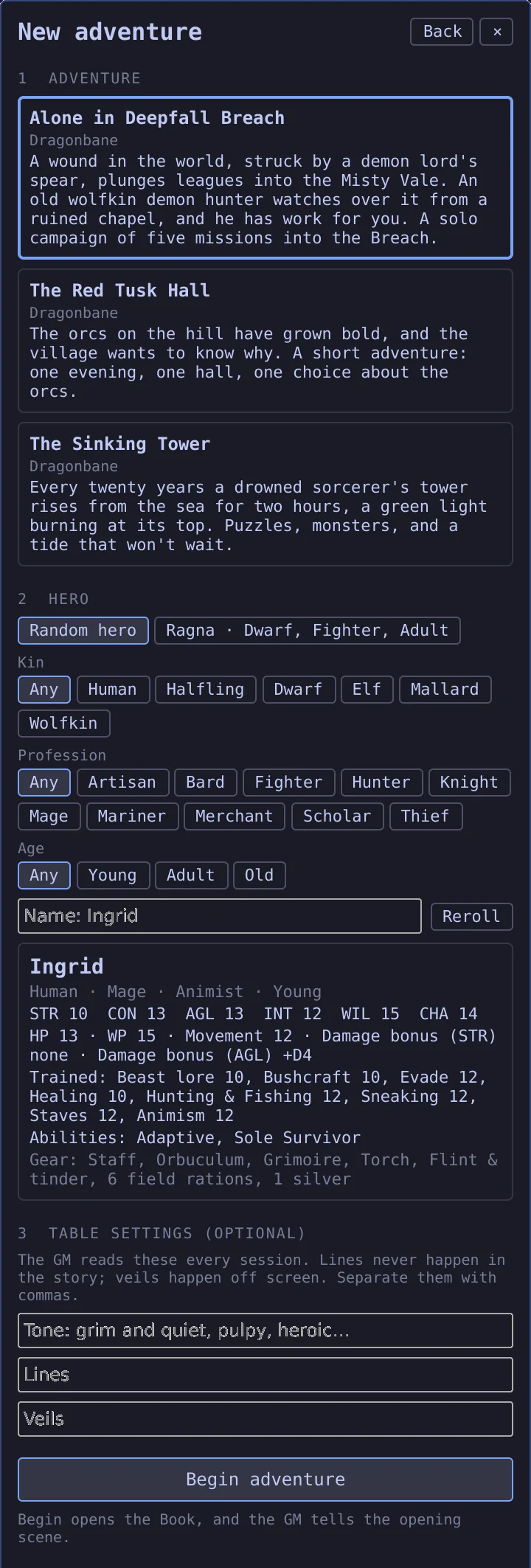 The Table's New adventure screen listing Alone in Deepfall Breach, The Red Tusk Hall and The Sinking Tower, with a random hero preview.