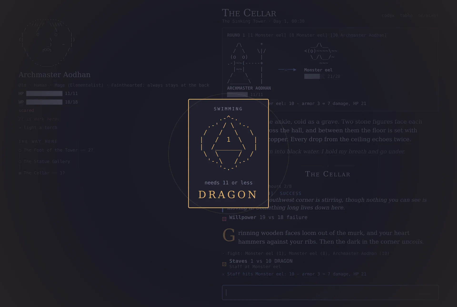 A d20 landing on 1 for a Swimming roll: DRAGON.