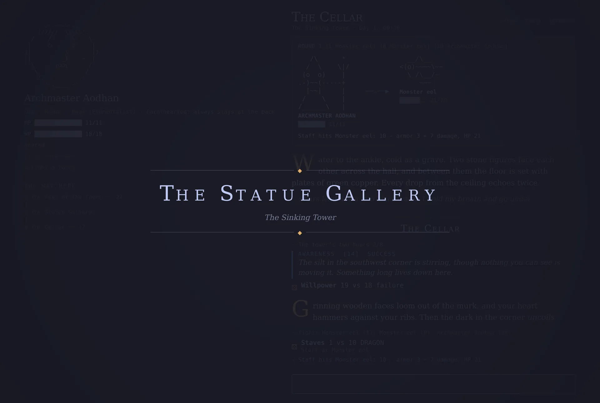 The title card: The Statue Gallery, The Sinking Tower.